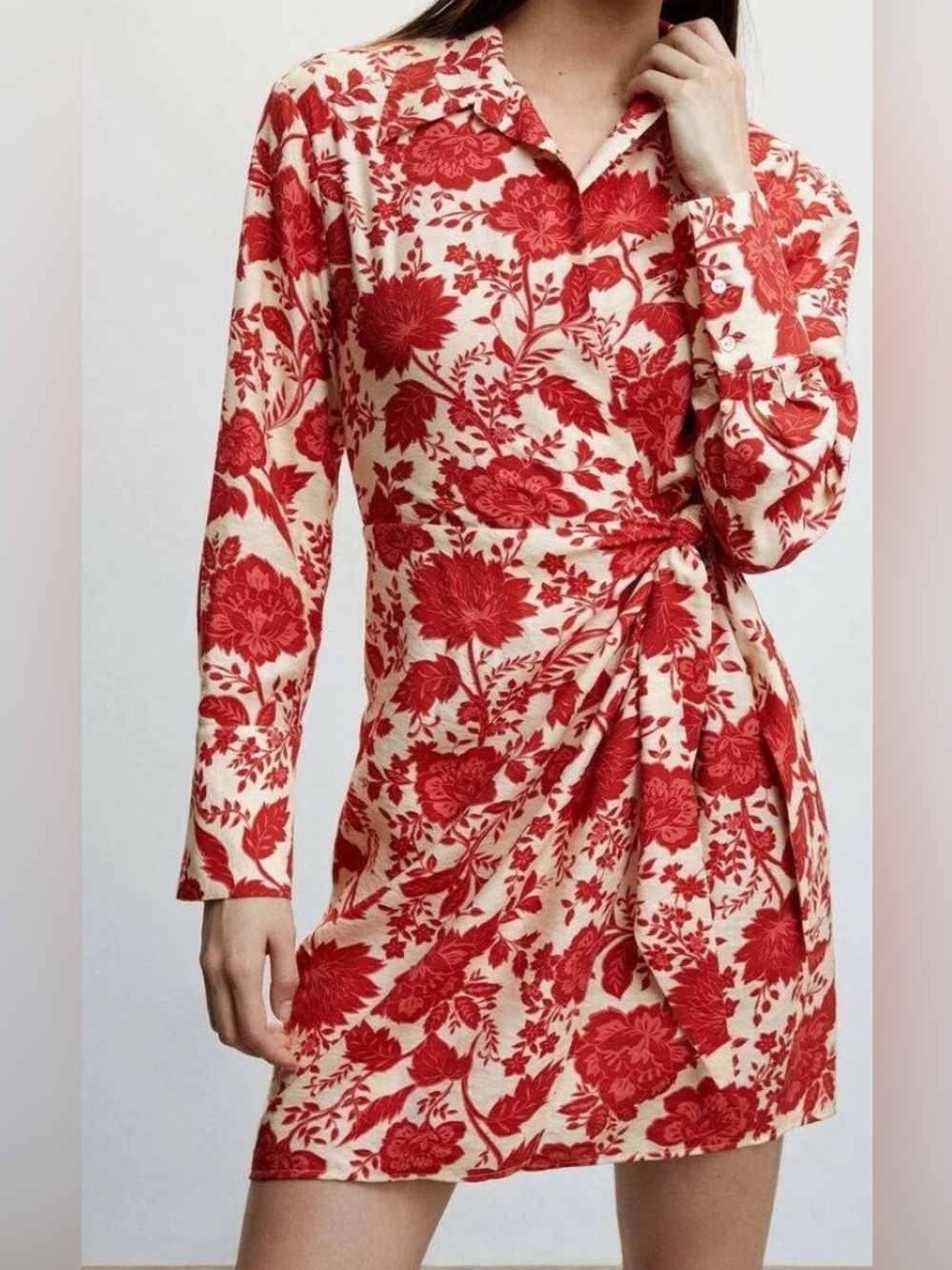 Mango Floral Wrap Cuánto Red Cream Dress Side Tie Women’s Size 4 Summer Office
